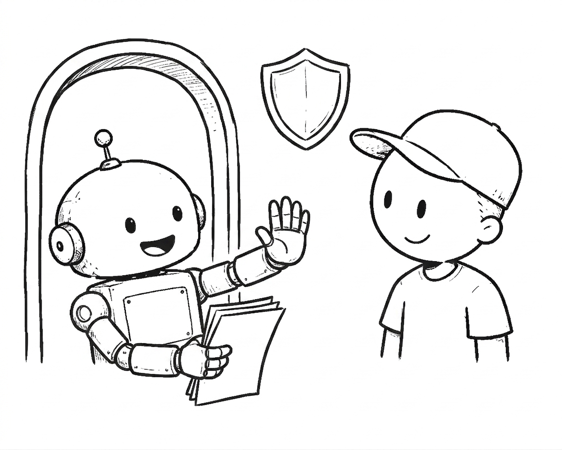 the little robot stands guard at a doorway like a friendly bouncer, holding up a hand to check a stack of papers, while the boy in the cap watches; a shield symbol floats above them, protective and watchful