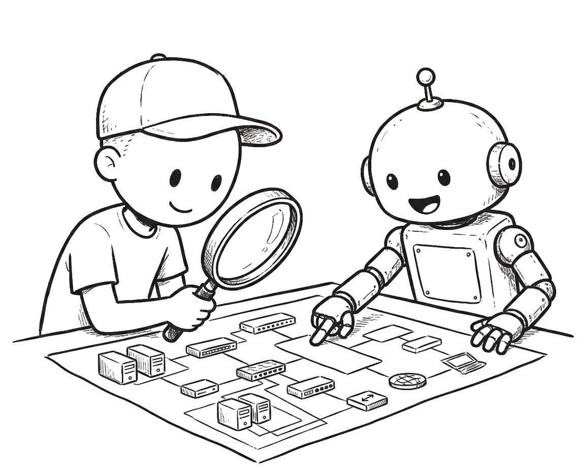 the boy in the cap leaning over a network diagram spread on a table with a magnifying glass, while the robot beside him points at one box on the map — the two of them auditing the layout together