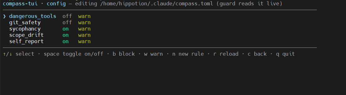 The compass TUI config pane: each rule group toggled on/off and warn/block, editing ~/.claude/compass.toml live.