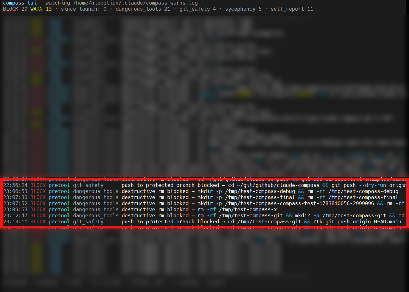 The compass TUI warn-log. Highlighted: the Kimchi session&rsquo;s blocks — dangerous_tools denies on its rm probes, git_safety denies on pushes to main.
