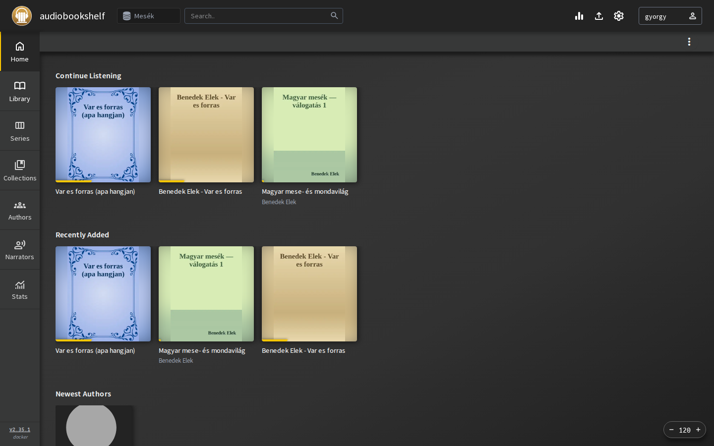 Audiobookshelf library: the same tale with stock narrator and the cloned dad voice