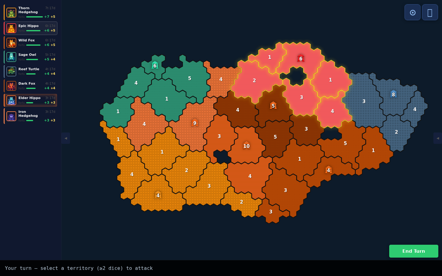 A freshly generated map before the first move — eight starting positions across irregular territory blobs