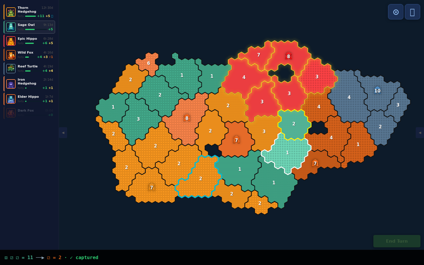 Dice & Shrines mid-game — eight factions fighting over a procedurally generated hex map