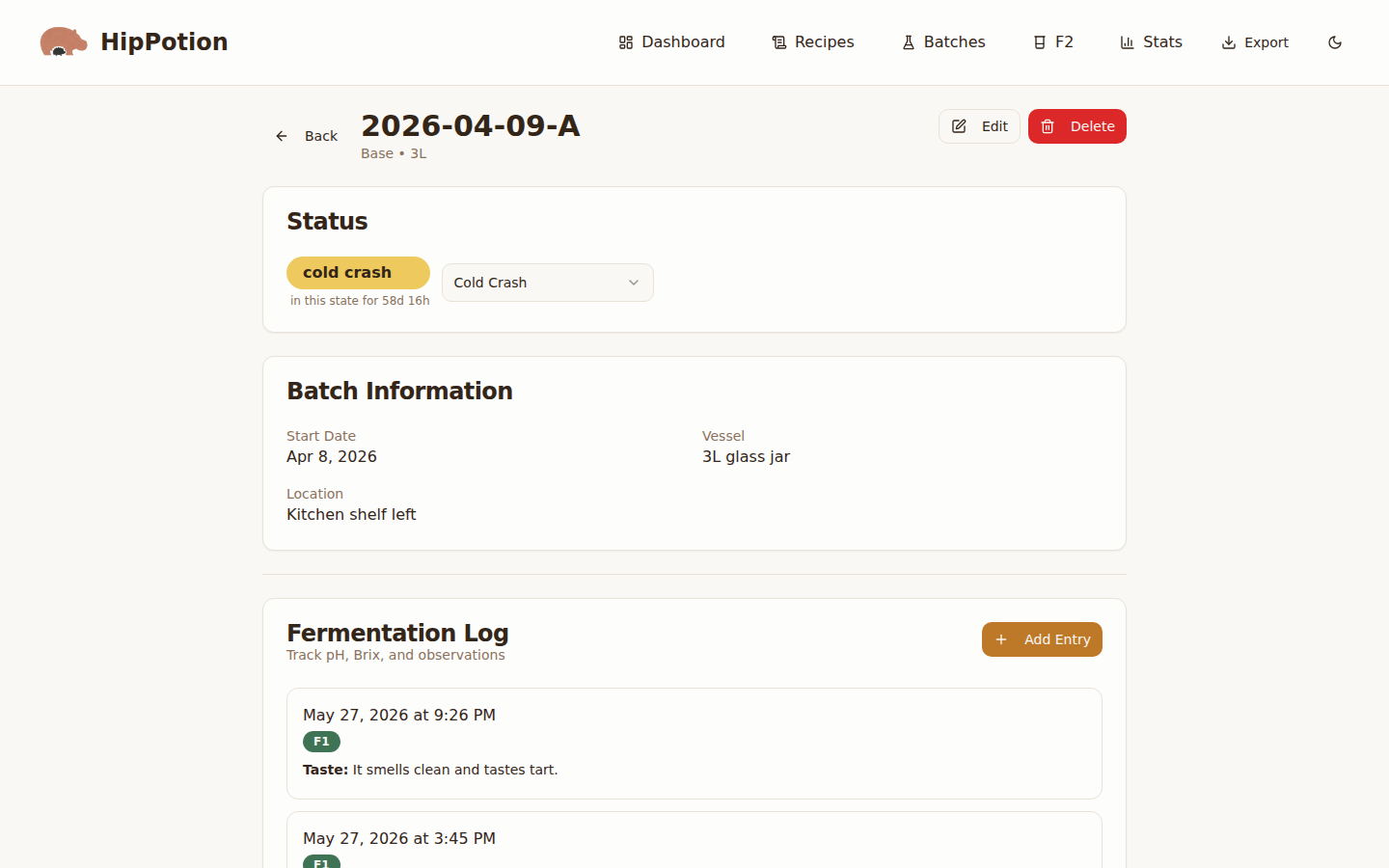 Brew Buddy batch detail with fermentation log