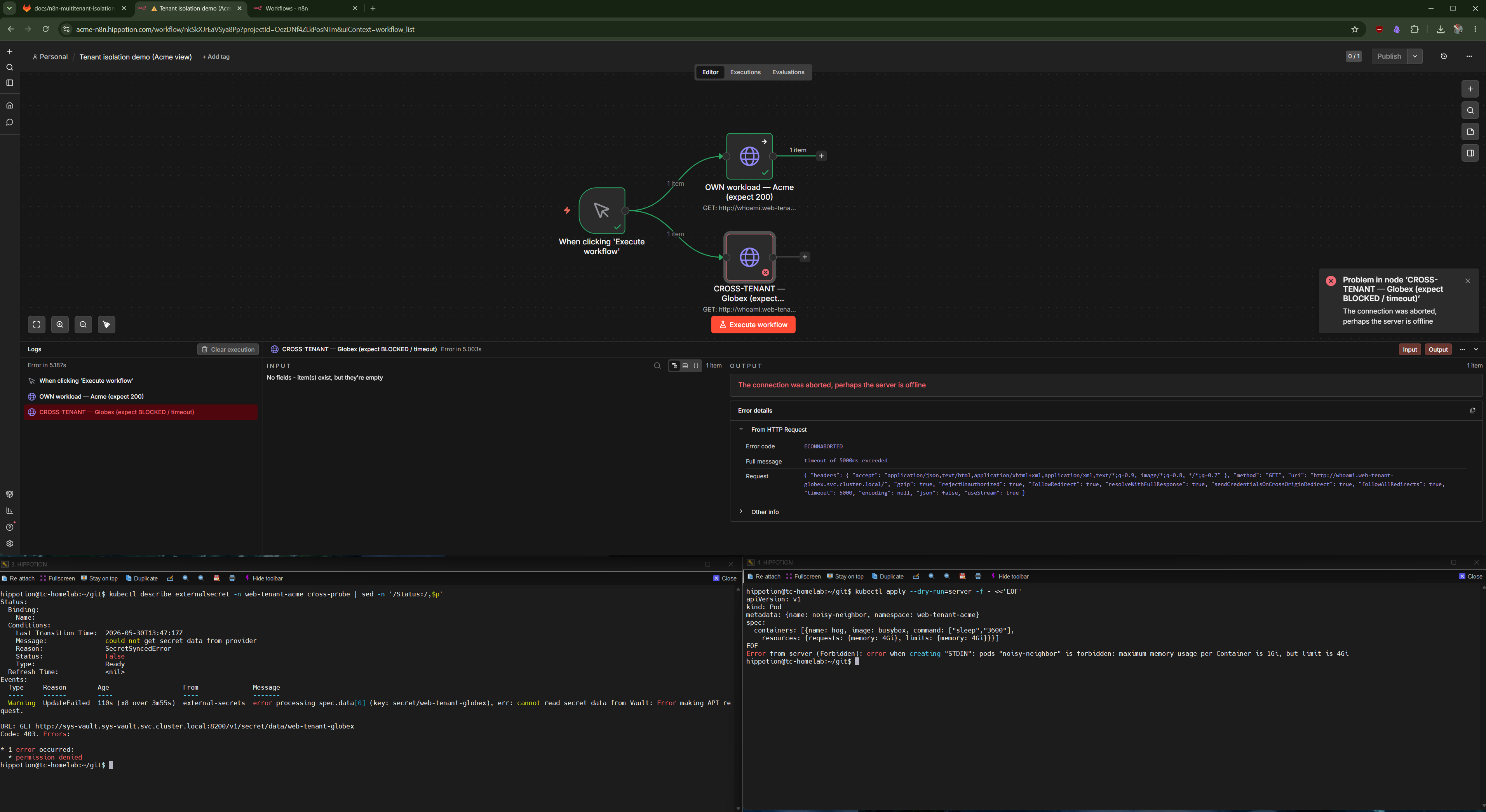 Three walls of multi-tenant isolation on Kubernetes, verified end-to-end