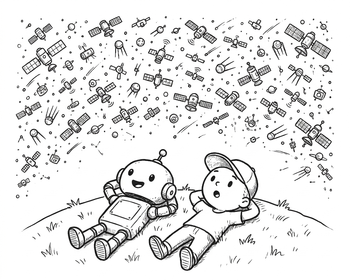 the robot and the boy in the cap lying on a grassy hill at night, gazing up amazed at a sky absolutely crowded with tiny satellites, dots and small orbiting gadgets — so many they almost fill the sky; wonder, not fear