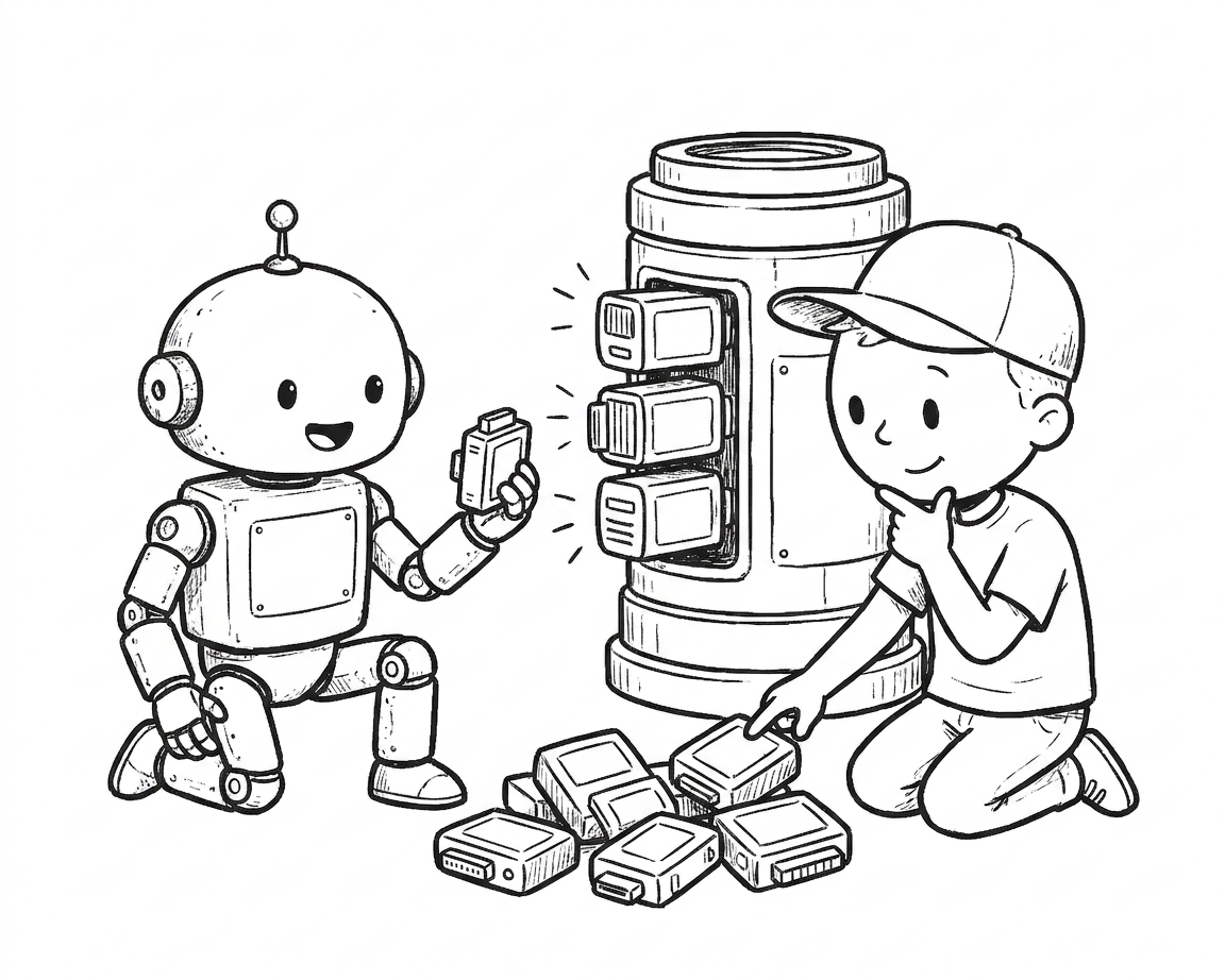 the robot and the boy in the cap kneeling on the floor around one large central machine core, deliberately choosing which of several smaller plug-in modules to connect to it — a few modules attached and softly glowing, several others set aside in a neat pile beside them; careful, thoughtful, deciding rather than installing everything