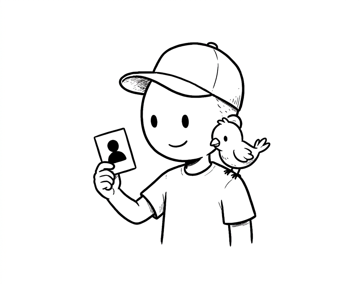 the boy in the cap with a small bird perched on his shoulder, holding up a card showing a single anonymous person icon