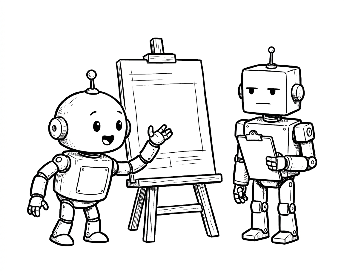 two robots standing on either side of an easel holding a blank page layout — the familiar round-headed robot gesturing at the design, and a square-headed robot with a flat unimpressed expression holding a clipboard